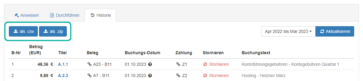 Screenshot der Buchungshistorie mit markierten Export-Schaltfl&auml;chen
