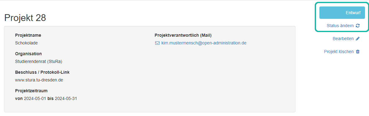 Screenshot der Projekt&uuml;bersicht mit Markierung des aktuellen Status' und der Schaltfl&auml;che "Status &auml;ndern"