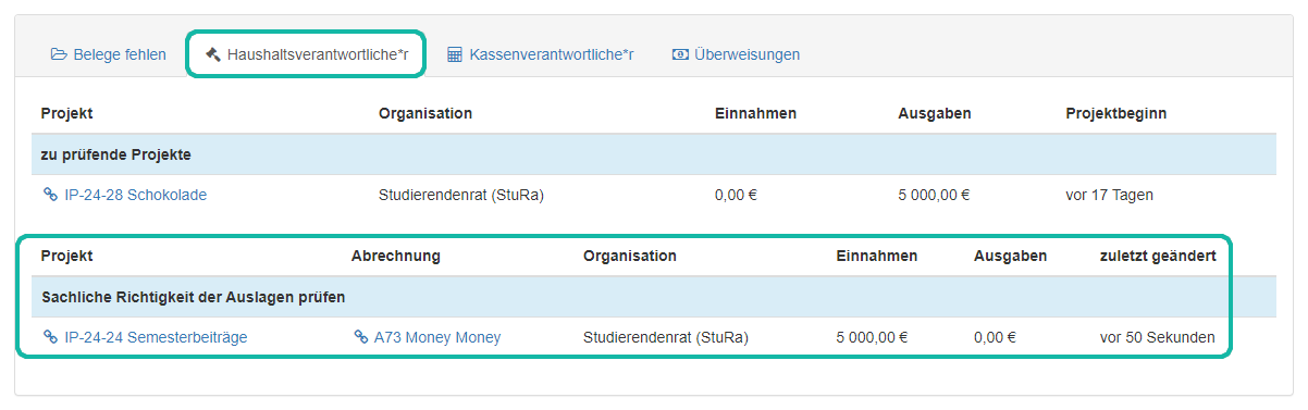 Screenshot der To-Do &Uuml;bersicht f&uuml;r den Haushaltsverantwortlichen mit Markierung des Reiters "Haushaltsverantwortliche:r" und der Tabelle "Sachliche Richtigkeit der Auslagen pr&uuml;fen"