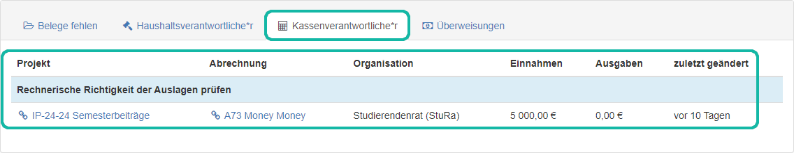 Screenshot der To-Do-&Uuml;bersicht unter dem Reiter des:der Kassenverantwortlichen