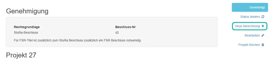 Screenshot der Projekt&uuml;bersicht mit Markierung des neue Abrechnung Buttons