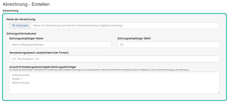 Screenshot der Maske zum Abrechnungen Erstellen mit markierten Feldern f&uuml;r Name der Abrechnung und den Zahlungsinformationen