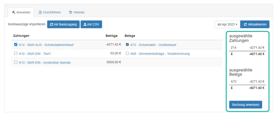 Screenshot der Ansicht zum Anweisen einer Buchung mit Auswahlmen&uuml;