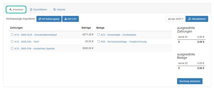 Screenshot der &Uuml;bersicht zum Anweisen von Zahlungen