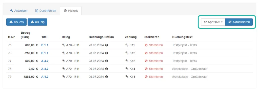 Screenshot der Buchungshistorie mit Markierung des Buttons zum Ausw&auml;hlen des Zeitraums