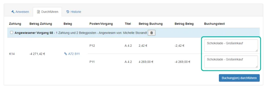 Screenshot der Seite zum Durchf&uuml;hren von Buchungen mit Markierung der Felder f&uuml;r Buchungstexte