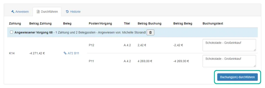 Screenshot der Seite zum Durchf&uuml;hren von Buchungen mit markiertem "Buchung(en) durchf&uuml;hren" Button