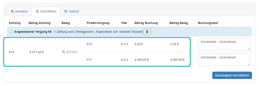 Screenshot der Seite zum Durchf&uuml;hren von Buchungen mit Markierung der gesammelten Beleginformationen