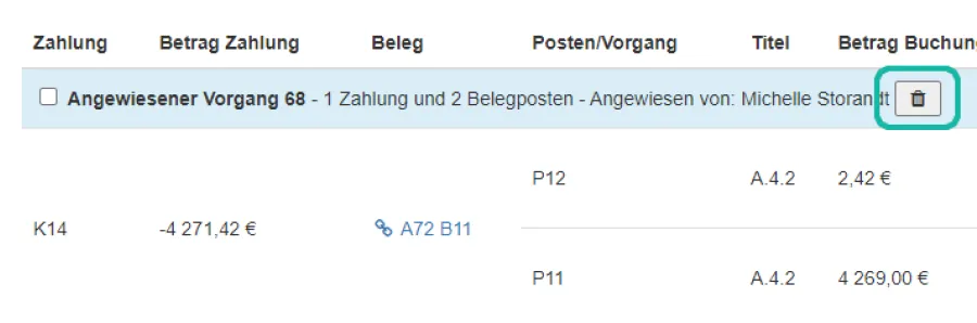 Screenshot der Seite zum Durchf&uuml;hren von Buchungen mit markiertem "L&ouml;schen"-Button