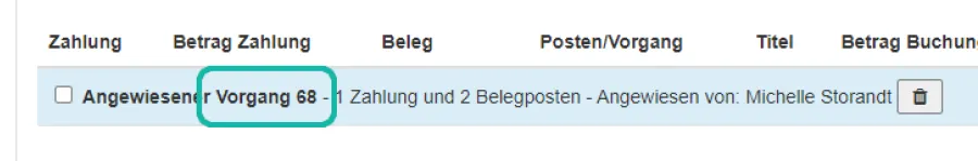 Screenshot der Seite zum Durchf&uuml;hren von Buchungen mit Markierung der Vorgangsnummer