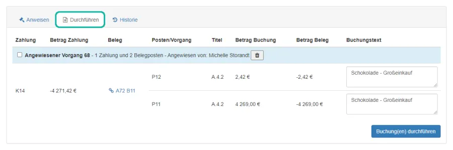 Screenshot der Seite zum Durchf&uuml;hren von Buchungen