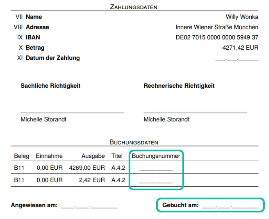 Buchungsanweisung mit Markierung der Buchungsnummer und des Buchungsdatums