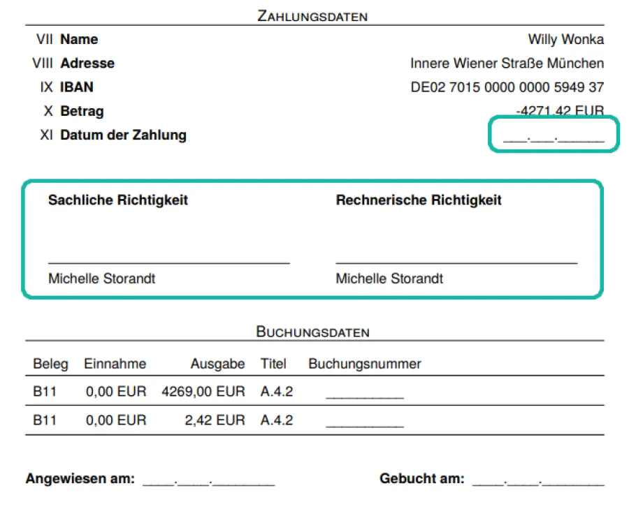 Buchungsanweisung mit Markierung des Zahlungsdatums und der Unterschriften f&uuml;r sachliche und rechnerische Richtigkeit