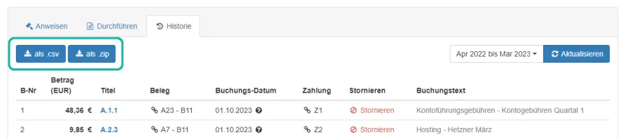 Screenshot der Buchungshistorie mit markierten Export-Schaltfl&auml;chen