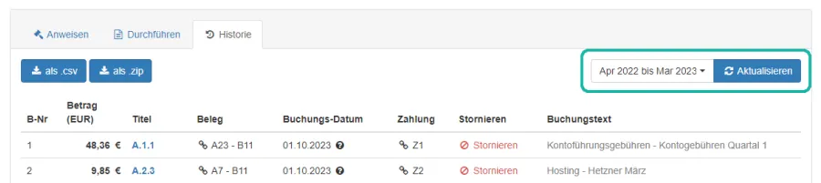 Screenshot der Buchungshistorie mit markierter Auswahl des Haushaltsjahres