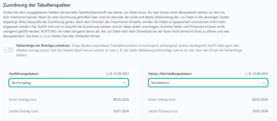 Screenshot mit Maske zum Hochladen einer .csv Datei f&uuml;r die Kontoausz&uuml;ge mit Markierung der beiden Dropdown-Men&uuml;s "Ausf&uuml;hrungsdatum" und "Valuta-/Wertstellungsdatum"