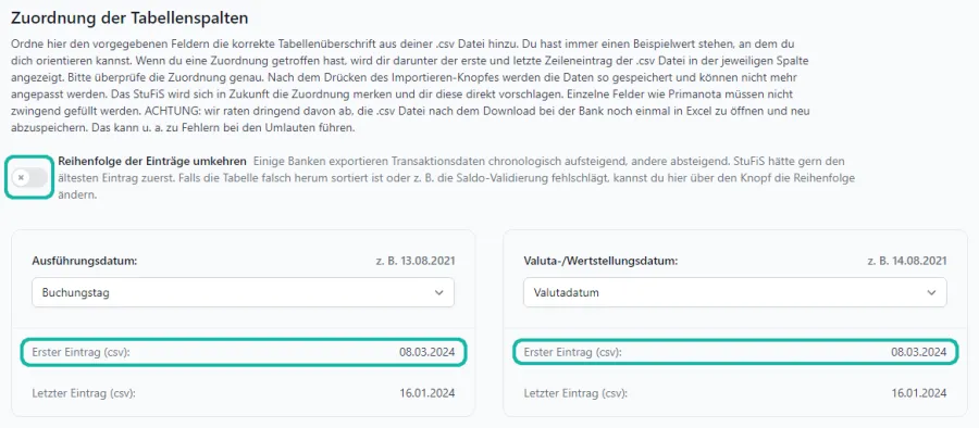 Screenshot mit Maske zum Hochladen einer .csv Datei f&uuml;r die Kontoausz&uuml;ge mit Markierung der Datumsangaben zum ersten Eintrag und dem Button "Reihenfolge der Eintr&auml;ge umkehren"