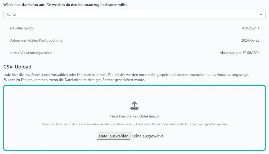 Screenshot mit Maske zum Upload einer csv. Datei f&uuml;r den Import der Kontoausz&uuml;ge mit markiertem Datei-Upload-Feld