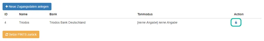 Screenshot der &Uuml;bersicht mit Bankzug&auml;ngen und Markierung des Buttons in der Spalte "Action"