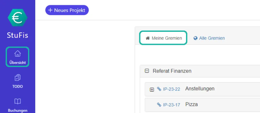 Screenshot der Startseite mit Markierung des Reiters "Alle Gremien"