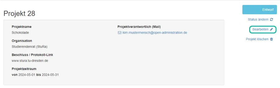 Screenshot der Projekt&uuml;bersicht mit Markierung der Schaltfl&auml;che "Bearbeiten"