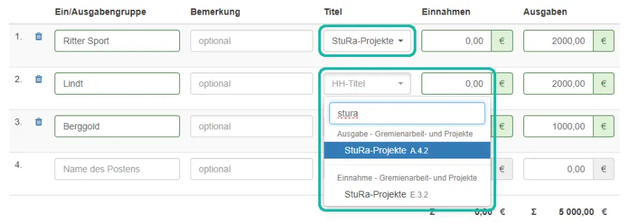 Screenshot der Finanzplan&uuml;bersicht eines Projekts mit Markierung der Spalte "Titel" und des Dropdown-Men&uuml;s zum Ausw&auml;hlen eines Haushaltstitels