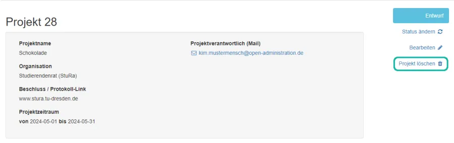 Screenshot der Projekt&uuml;bersicht mit Markierung des Buttons "Projekt l&ouml;schen"