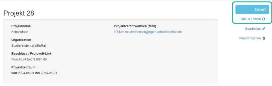 Screenshot der Projekt&uuml;bersicht mit Markierung des aktuellen Status' und der Schaltfl&auml;che "Status &auml;ndern"