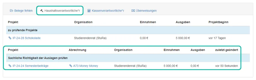Screenshot der To-Do &Uuml;bersicht f&uuml;r den Haushaltsverantwortlichen mit Markierung des Reiters "Haushaltsverantwortliche:r" und der Tabelle "Sachliche Richtigkeit der Auslagen pr&uuml;fen"