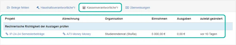 Screenshot der To-Do-&Uuml;bersicht unter dem Reiter des:der Kassenverantwortlichen