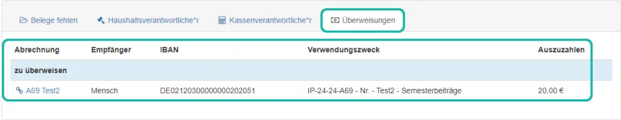 Screenshot der To-Do-&Uuml;bersicht unter dem Reiter "&Uuml;berweisungen"