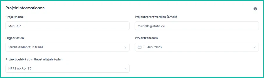Bildschirmausschnitt der allgemeinen Projektinformationen