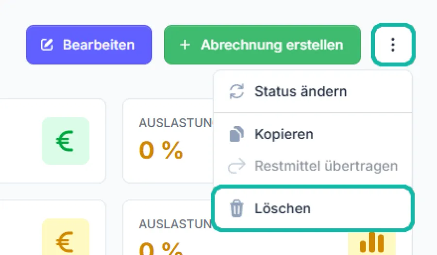 Bildschirmausschnitt des drei-Punkte-Men&uuml;s in der Projektansicht. L&ouml;schen ist markiert